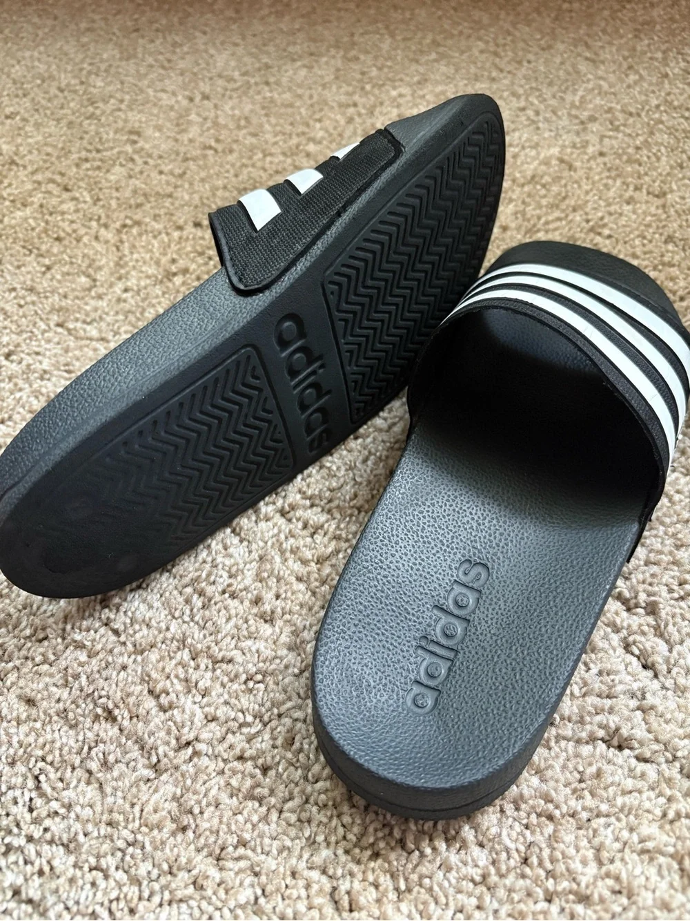adidas Black and White Three-Stripe Slides